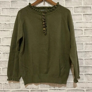 Women’s green 1/4 button ruffles sweater, Large